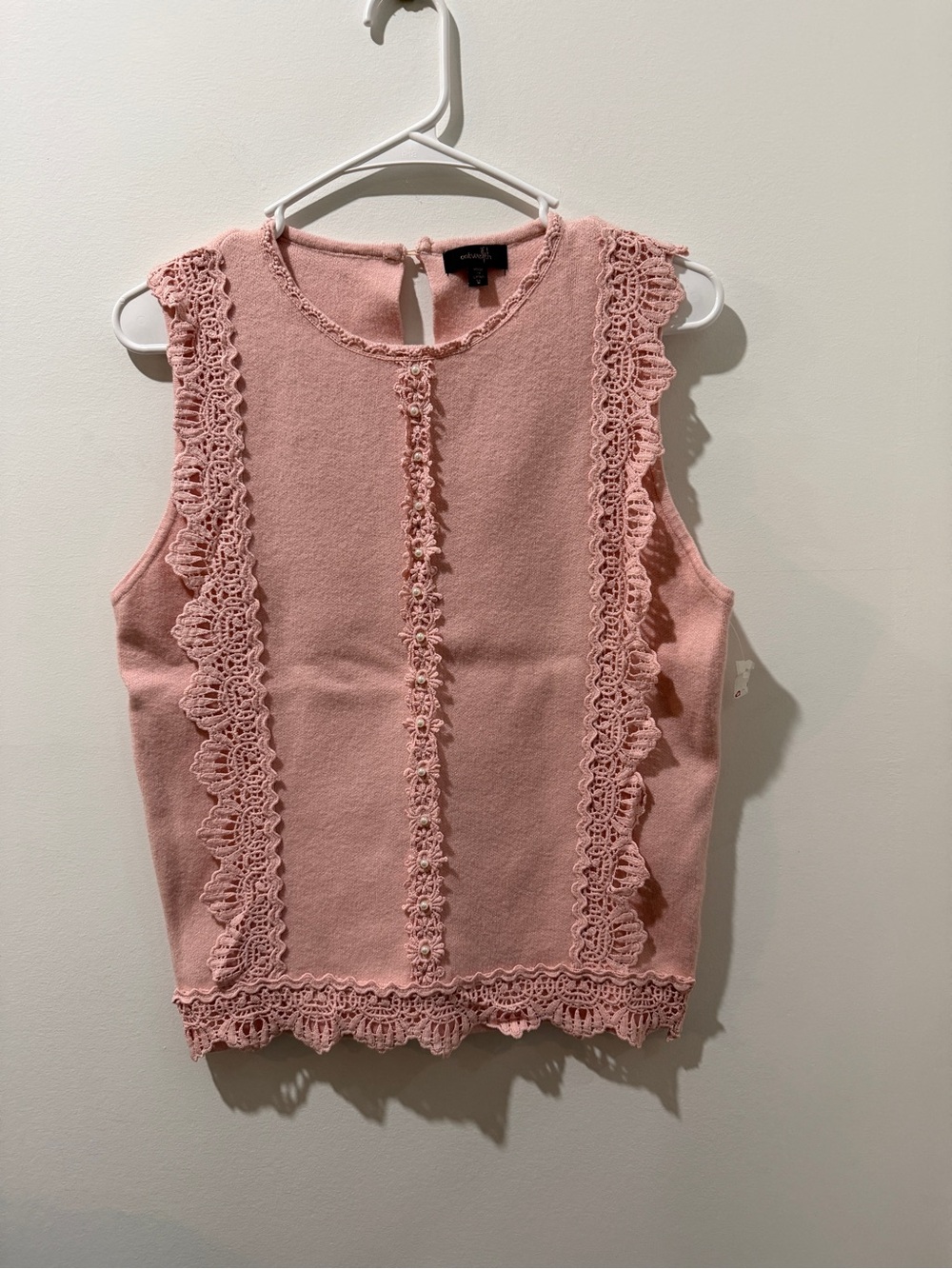 Sleeveless Crochet-Trim Tank Top in Blush Pink